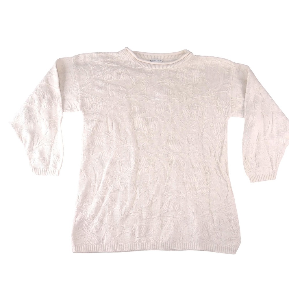 Blue Morgan Mens Cream White Floral Jacquard Textured Knit‎ Crew Neck Sweater M